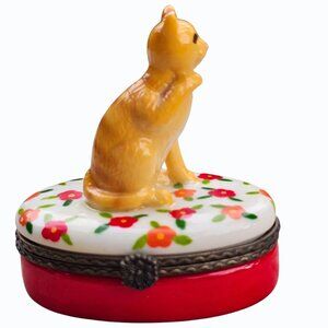 Vtg American Short Hair Orange Cat Porcelain Hinged Trinket Box  2.75" x 2.25"